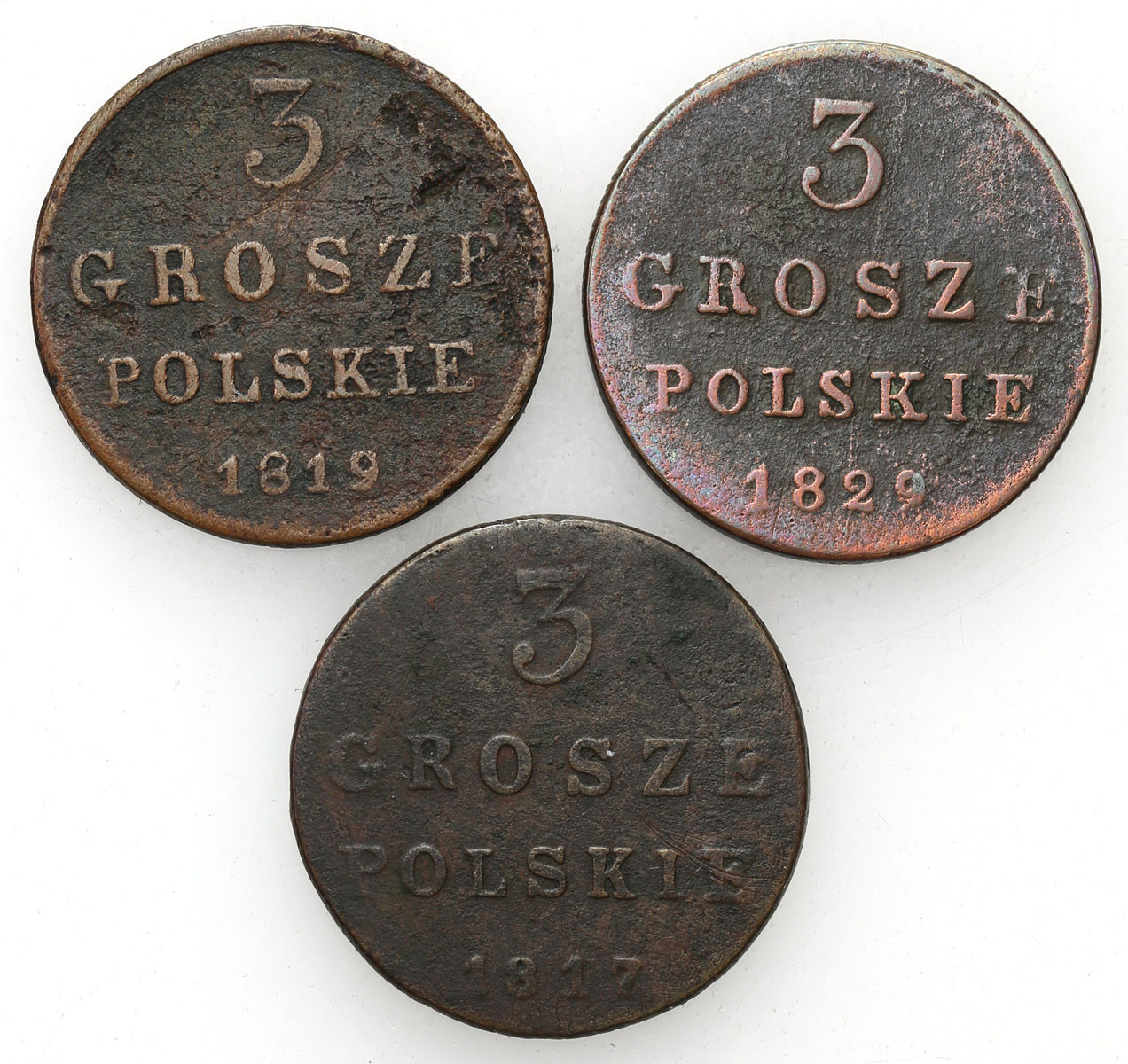 Polska XIX w./Rosja. Aleksander I, Mikołaj I. 3 grosze (trojak) 1817, 1819, 1829, Warszawa, zestaw 3 monet